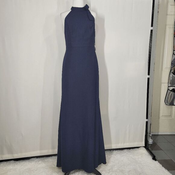 After Six Style 6827 Midnight Navy Crepe Bow-Neck Open-Back Trumpet Gown 14 - Picture 1 of 12